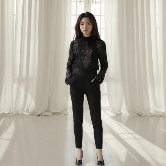 Nili Lotan Chelsea Jet Black Tailored Fit Elastic Waist Vent Hem Pants Size 2 - Picture 1 of 11